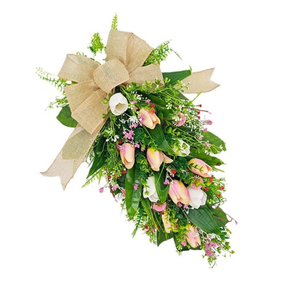 Ghirlanda di tulipani per decorazione della porta d'ingresso, ghirlanda di fiori artificiali primaverile estiva con fiocco per ingresso di casa da appendere alla parete, 55 x 30 cm
