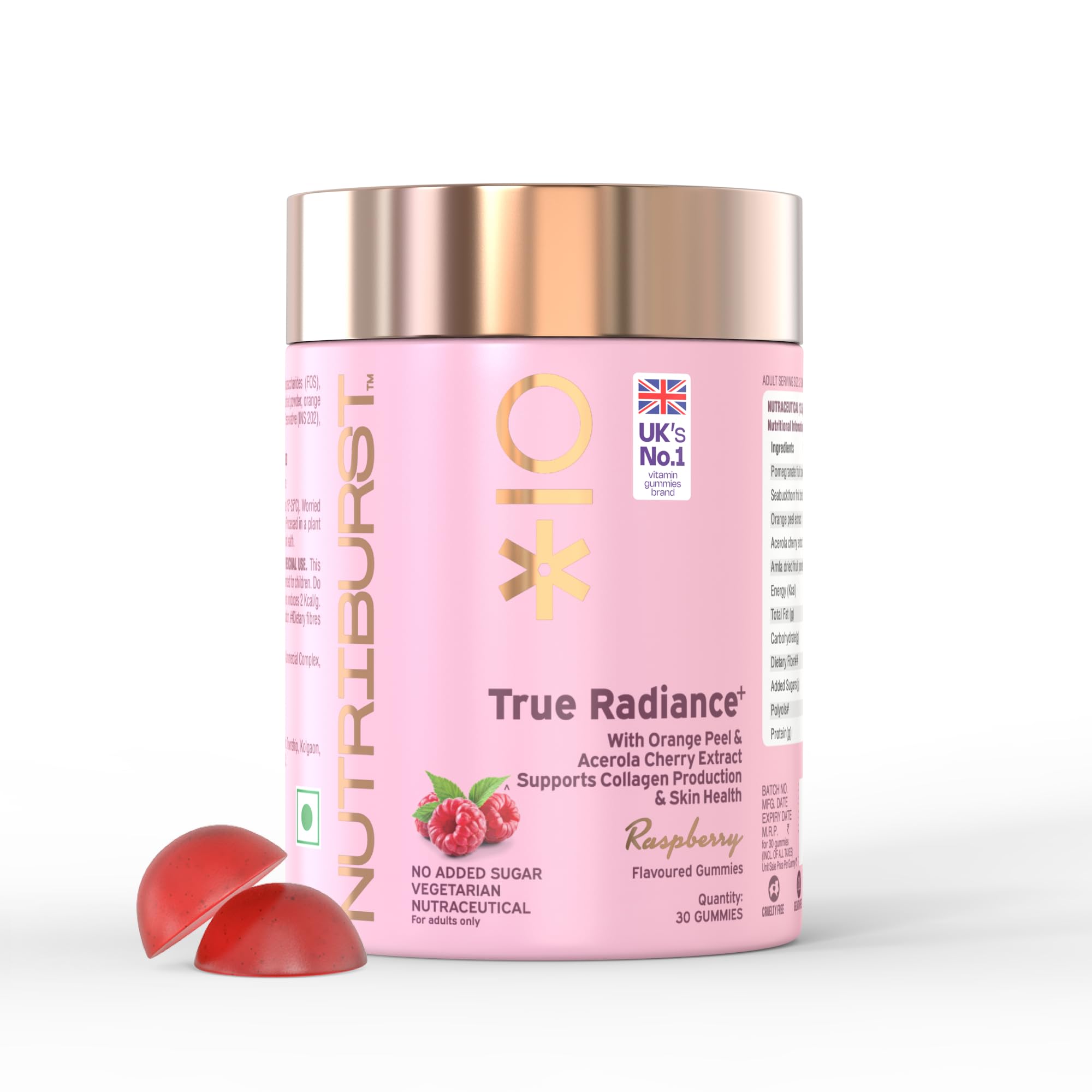 Nutriburst True Radiance Collagen Gummies | Raspberry Flavour with Orange Peel & Acerola Cherry Extract | Supports Collagen Production, Skin Health & Glow | No Added Sugar | For Men & Women | - 30 Gummies