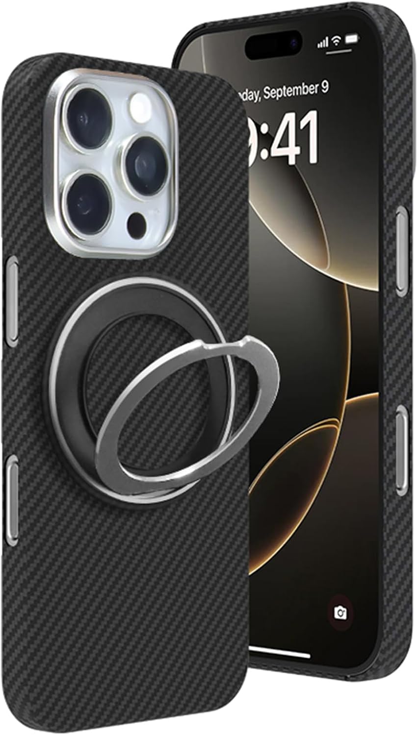 Magnetic Case for iPhone 16/16 plus/16 pro/16 pro max, Shockproof Carbon Fiber Case with Rotation Hidden Kickstand Slim Cover Black