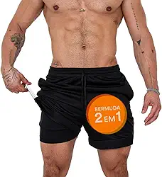 Shorts Duplo Masculino 2 em 1 Bermuda Dry Fit Treino Calção com Bolso Celular Academia Fitness Musculação CLICK MAGAZINE