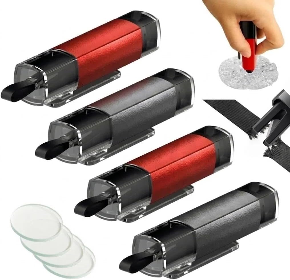 4 Pack Car Window Breaker and Seatbelt Cutter, Spring-Loaded Emergency Escape Tool, Professional Underwater Glass Breaker, Automotive Safety Hammer for Family Cars, Trucks, SUVs (Red/Gray)