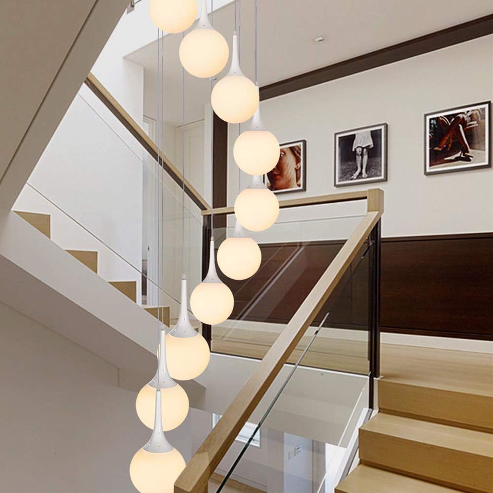 Lustre escalier spirale moderne en verre blanc pour duplex à haut plafond