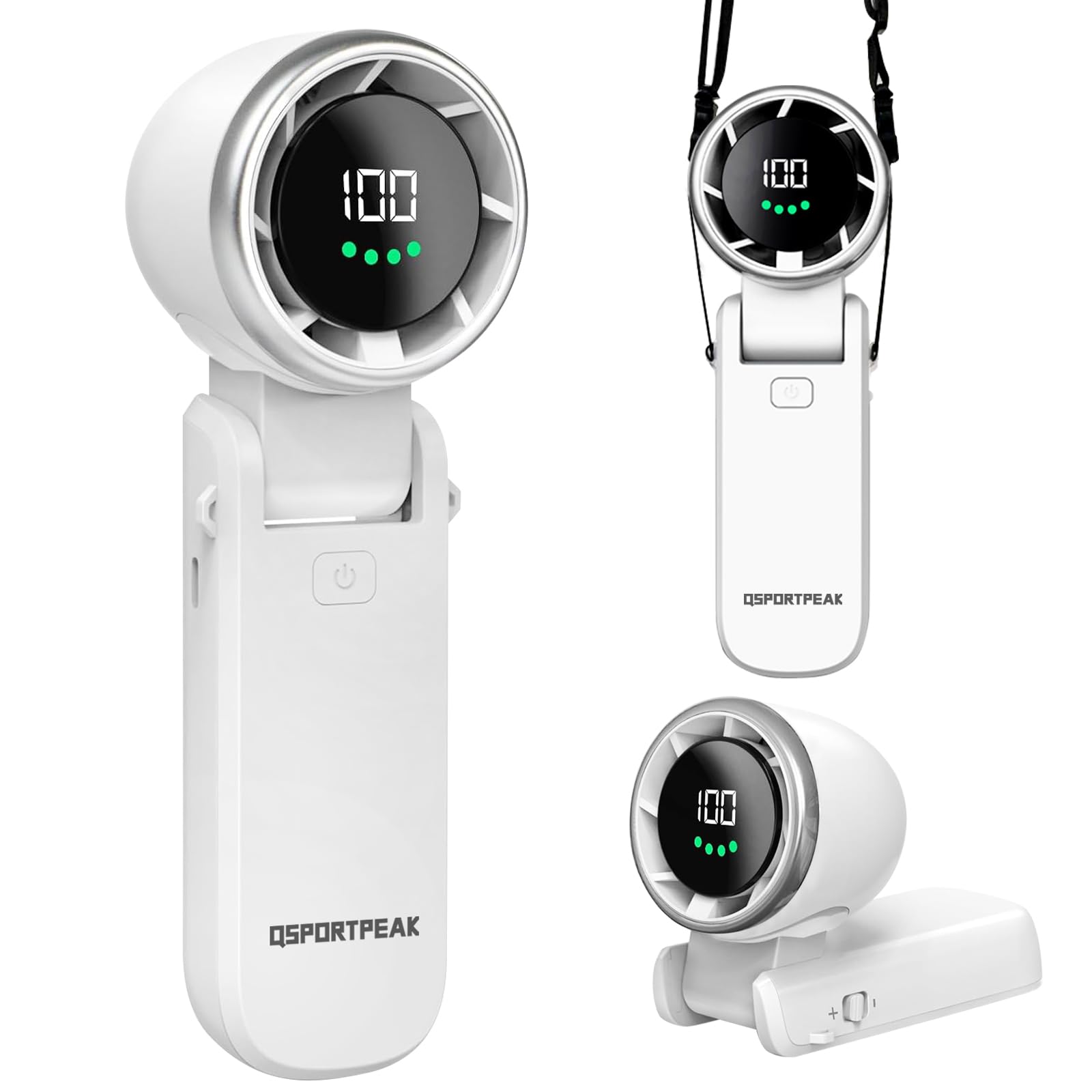 Ventilatore Portatile a Mano,Mini Turbo Ventilatore Regolabile in Velocità(1-100),Batteria Ricaricabile da 4000mAh,Display Digitale,3 in 1 mano/scrivania/collo ventilatore,Viaggi/Campeggio-Bianco
