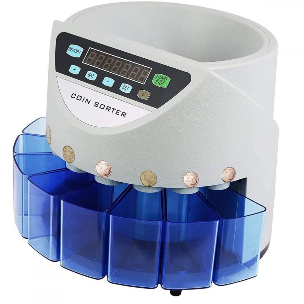 Mediawave Store - Contamonete Elettronico Automatico Capacità 500 Hopper Monete 8 Scomparti Scatole di Raccolta, Selezionatrice di Monete, Contatore di Monete Euro, Rapido, Sicuro, Professionale