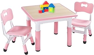 FUNLIO Kids Table and 2 Chairs Set for Ages 3-8, Height Adjustable Toddler Table and Chair Set, Easy to Wipe Arts & Crafts Table, for Classrooms/Daycares/Homes, CPC & CE Approved (3pcs Set) – Pink
