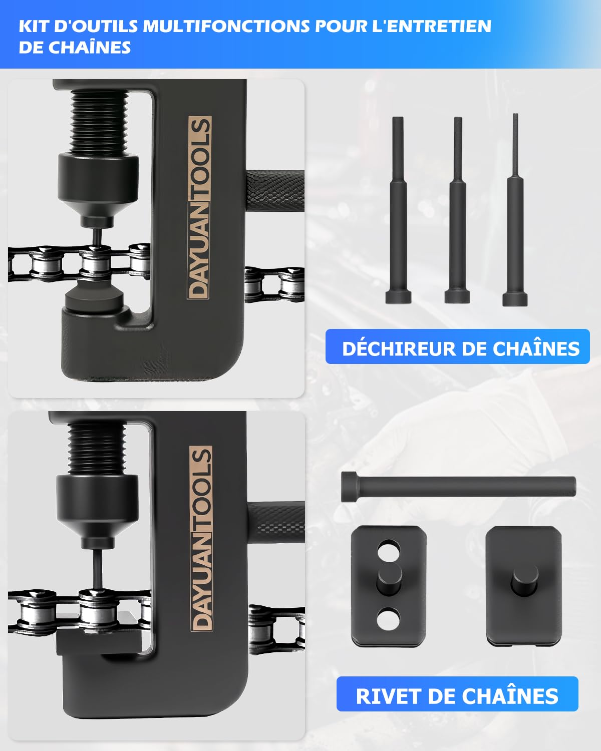 DAYUAN Outil de rivetage pour chaîne de moto, ensemble d'outils de chaîne de moto, outil de séparation et de rivetage pour chaîne de moto, outil de rivetage pour moto, séparateur de chaîne de moto
