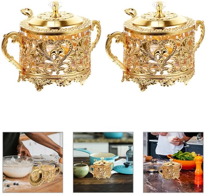 Miniatura 8 de Kichvoe Azucarero, 2 juegos de azucareros turcos con tapa y cuchara, condimentos, caja de condimentos, caja de sal dorada en relieve, tarro