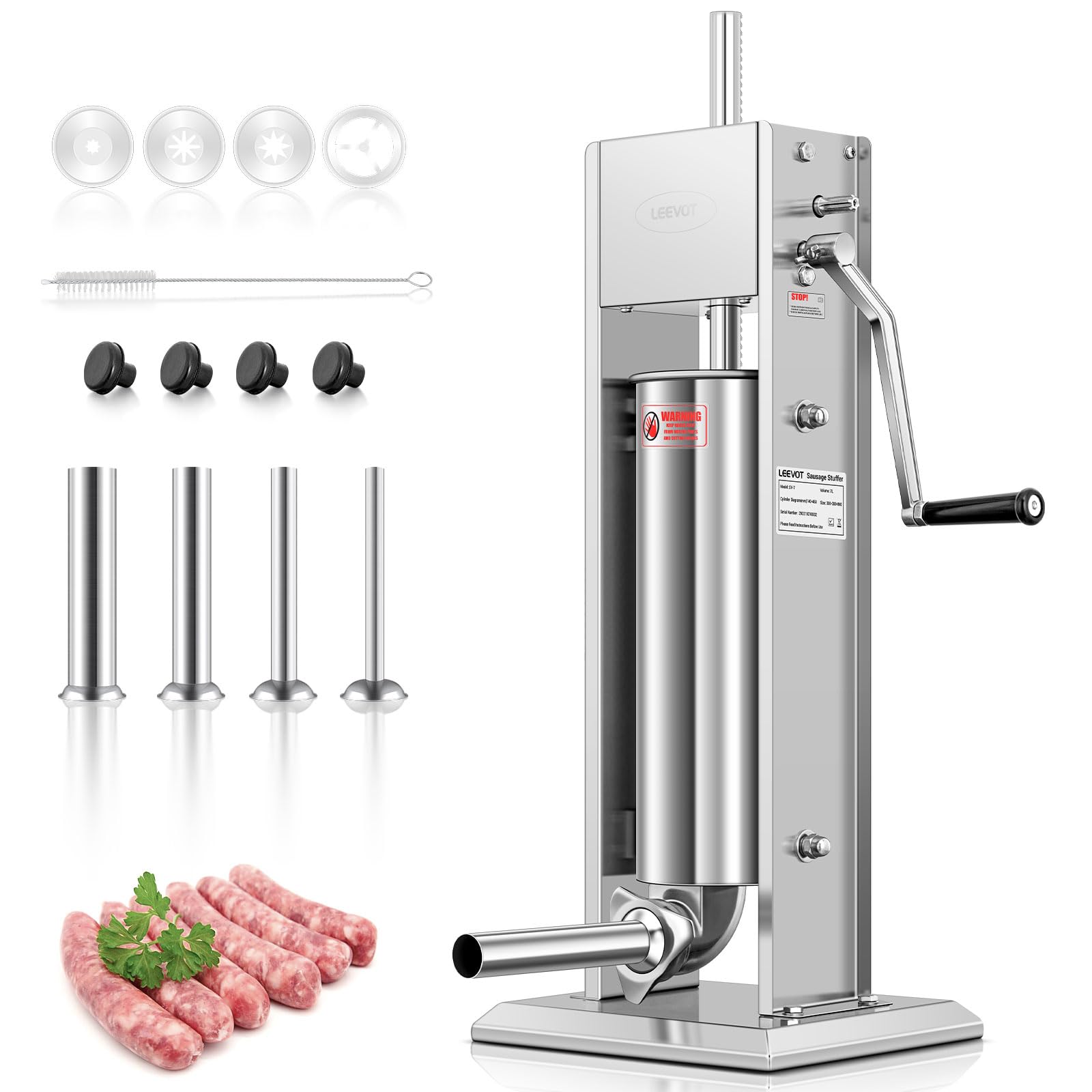 LEEVOT Insaccatrice per Salsicce 15Lb/7L, in Acciaio Inossidabile 304, Regolabile, 2 Velocità, 4 Tubi di Riempimento (Argento)