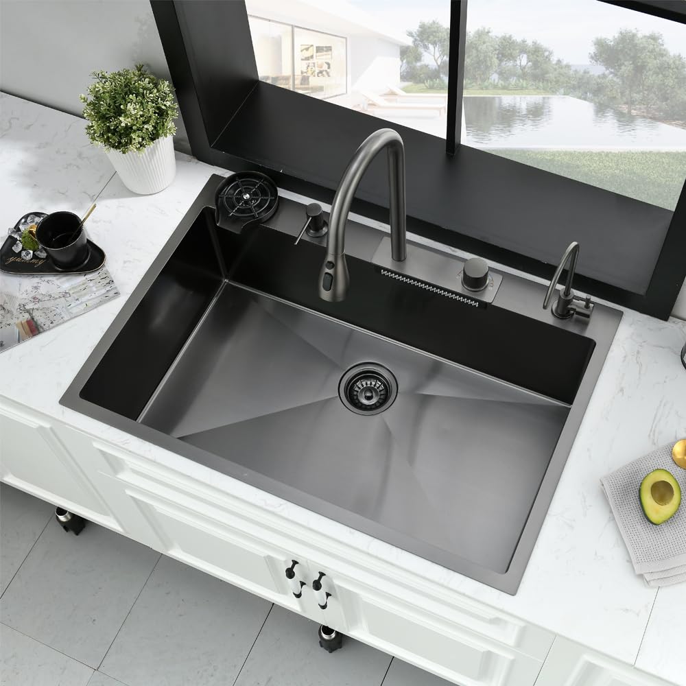 33 inch black waterfall kitchen sink drop in-bwxiaoc 33x22 drop in kitchen sink with faucet combo stainless steel waterfall top mount 16 gauge single bowl sinks with cup washer and filtered faucet