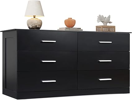WLIVE Wood Dresser for Bedroom, Wide Chest of Drawers with 6 Drawer, Oak Furniture Large Storage Tower Unit, Closet Store Organizer for Living Room, Hallway, Long Nightstand, Modern Minimalist Black
