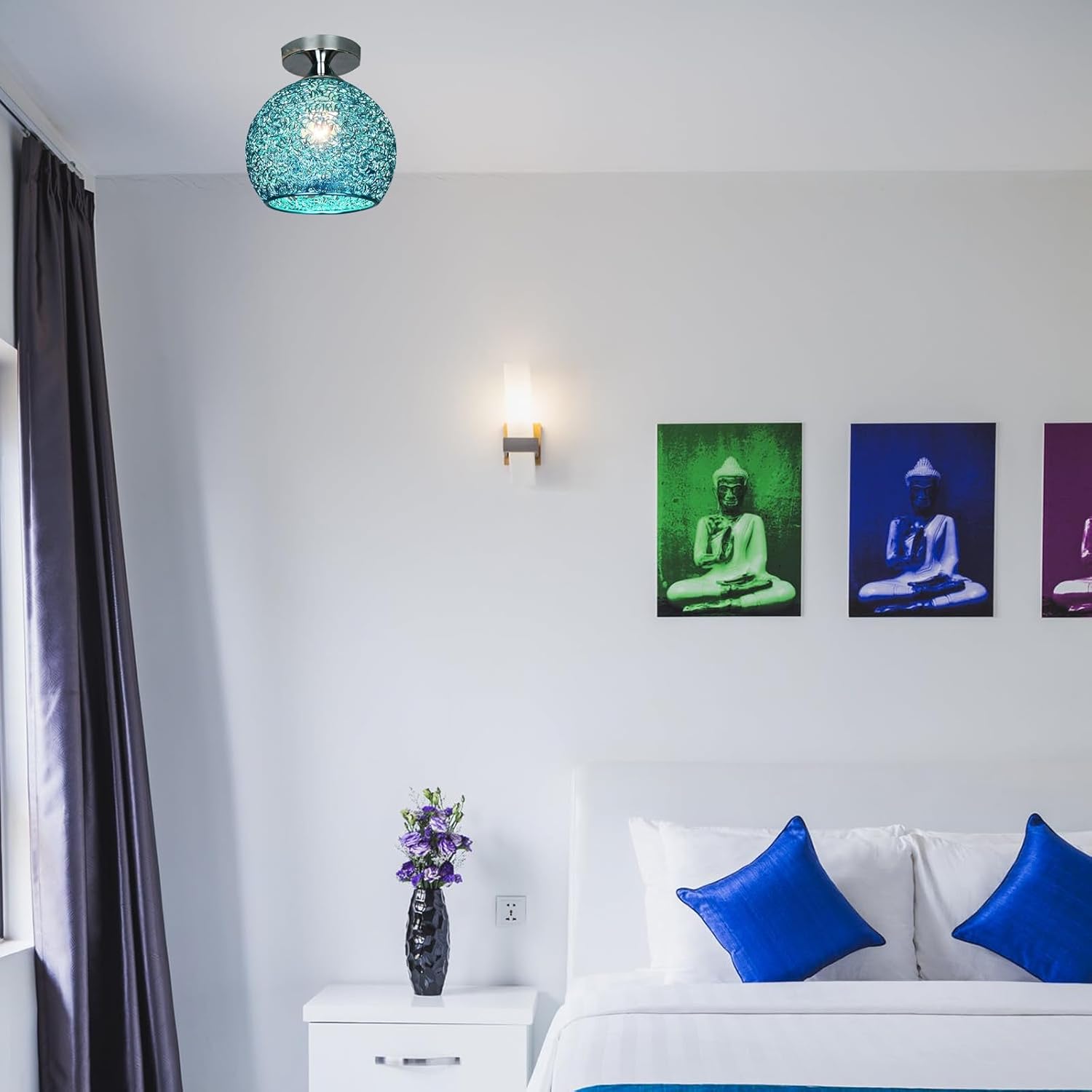LIFKOME Nordic Decorative LED Ceiling Light Blue Lampshade for Bedroom Room Balcony Corridor, Modern Colorful Close-to-Ceiling Lamp Without Bulb