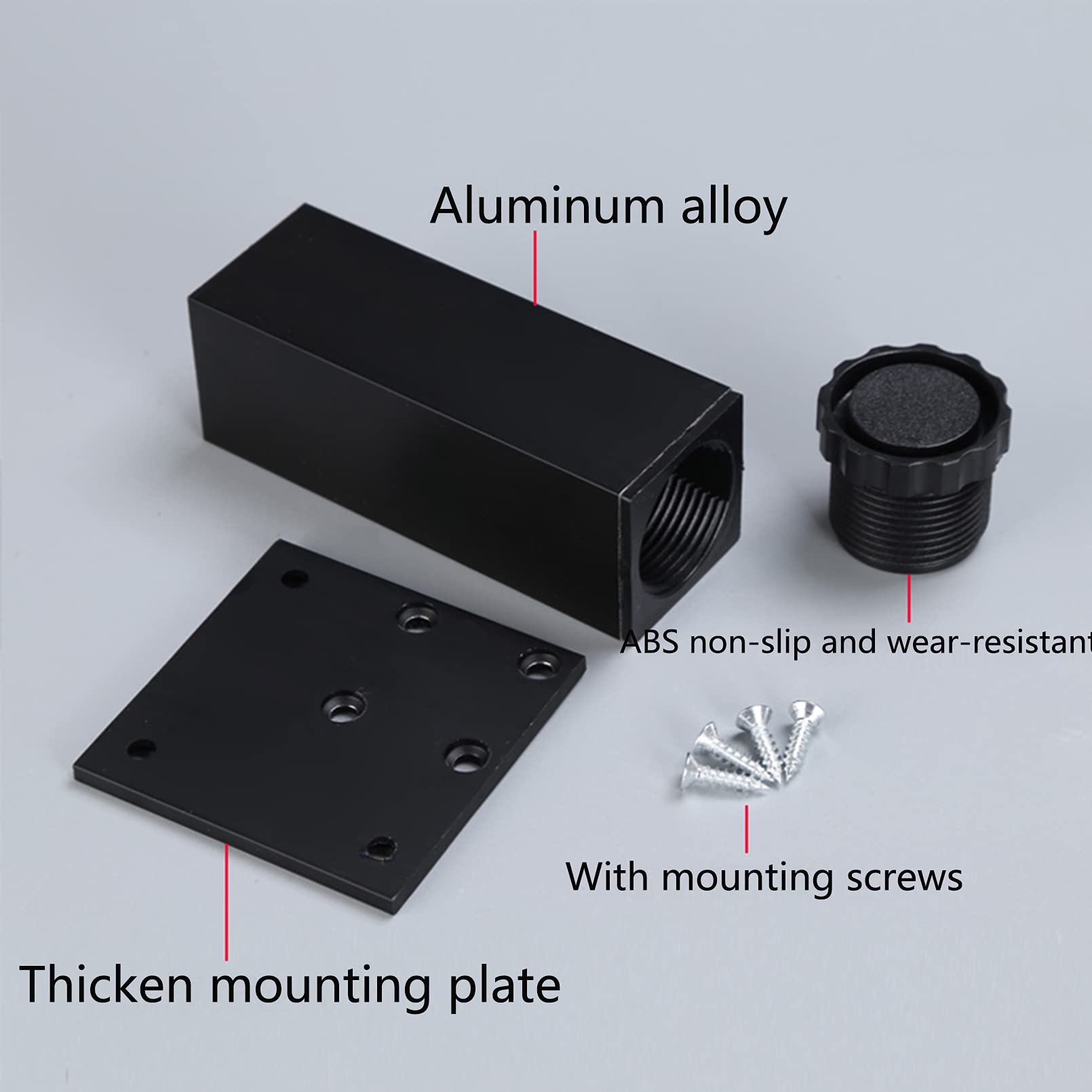 Pezzi in Lega di Alluminio, Gambe per tavoli in Metallo, Piedini per divani, Altezza Regolabile 0-15 mm, per mobili da Letto e divani, Quadrati (Nero 10 cm/4 Pollici)