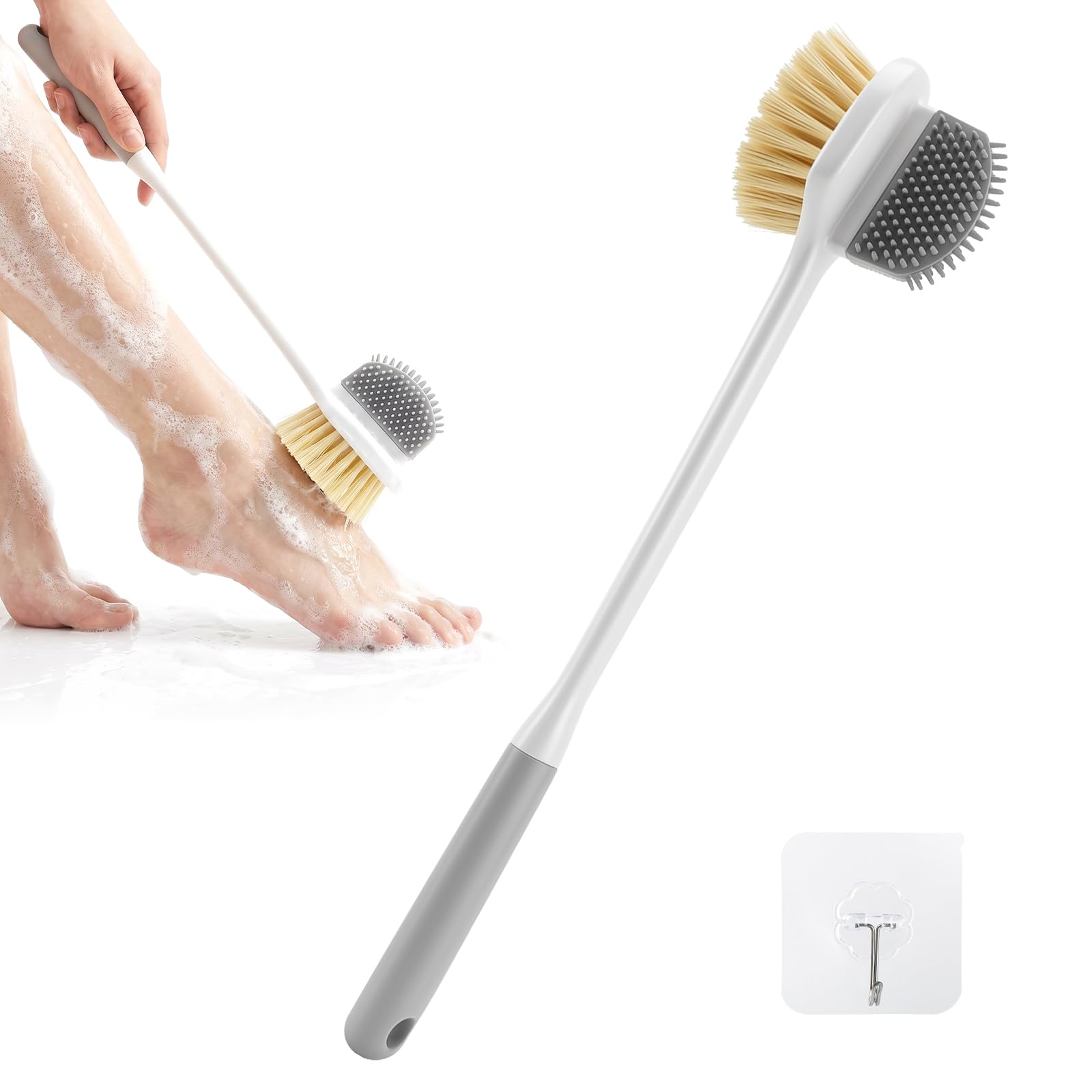 Brosse de Douche Long, Manche Brosse Dos pour Seniors Brosse Pied Douche Nettoyeur Orteils Soin des Pieds Brosse 2 en 1 Double Face Silicone et Poils Doux Ergonomique Antidérapante