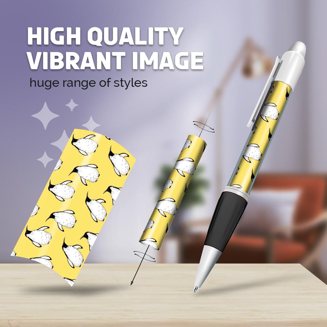 Set of 4 White Ballpoint Pens (Photo Insert) - Yellow Penguin Animal Pattern - Soft Feel Finger Grip #170952 - Image 2