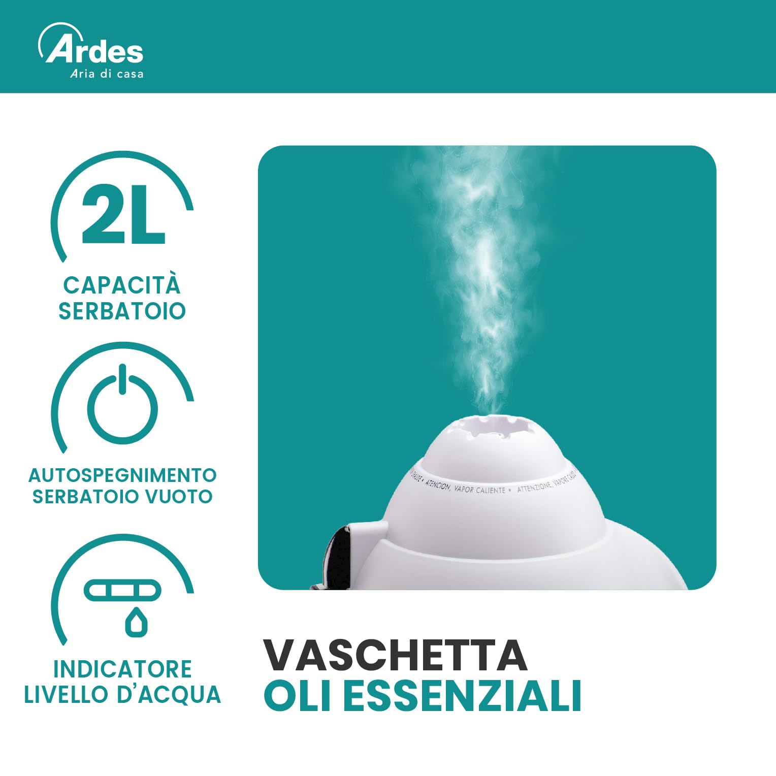 ARDES | AR820 Umidificatore a Vapore Caldo PACO ad Elettrodi 400W, Umidificatore Vapore Caldo Terapeutico con Vaporizzatore Regolabile ed Autospegnimento, Capacità 2 Litri per 8 Ore di Autonomia