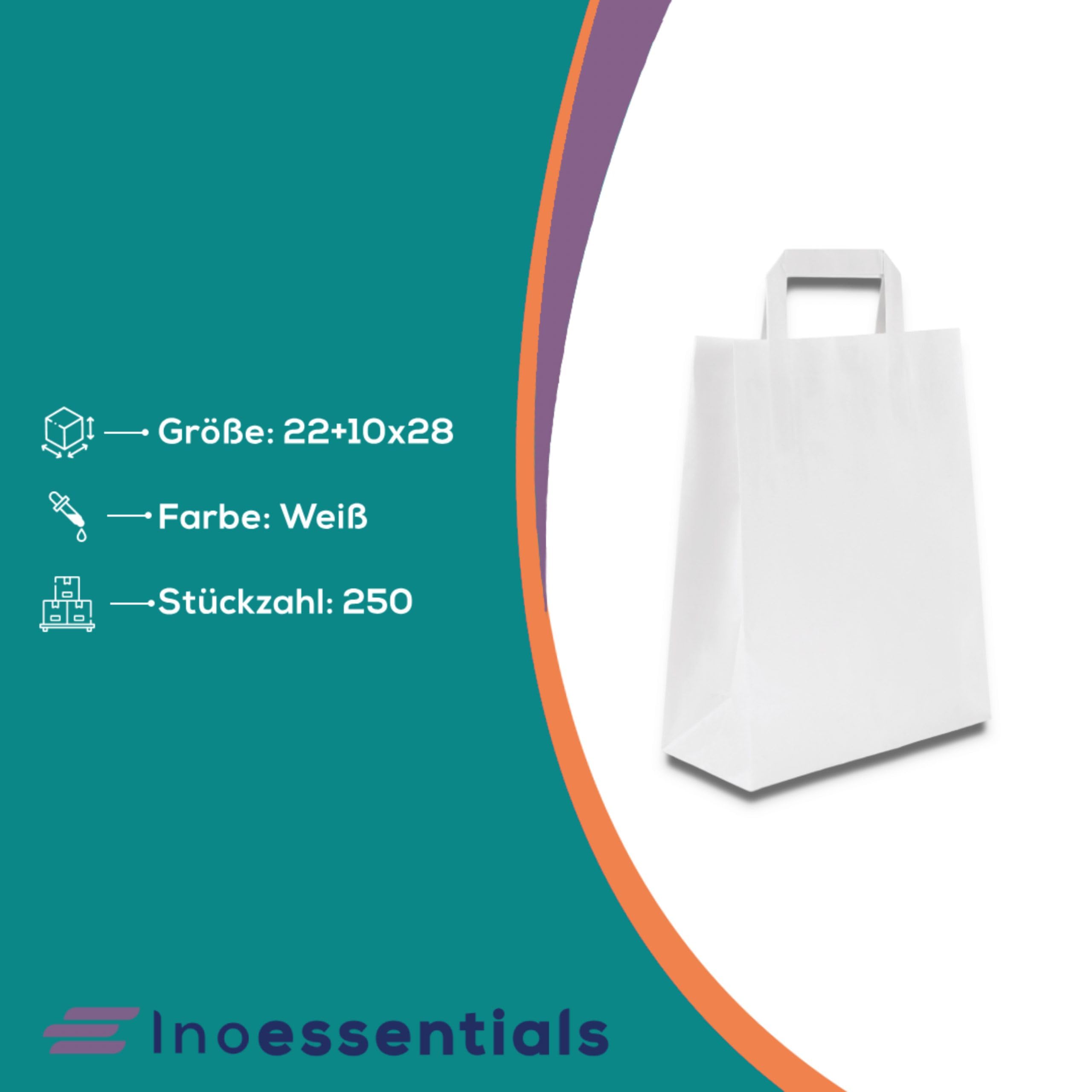 Inoverse Lot de 250 Sacs en Papier Kraft avec Anses, 22 x 10 x 28 cm, Grands Sacs en Papier Recyclables et Résistants pour Courses, pour Le Shopping, Boutiques et Cadeaux, Blanc