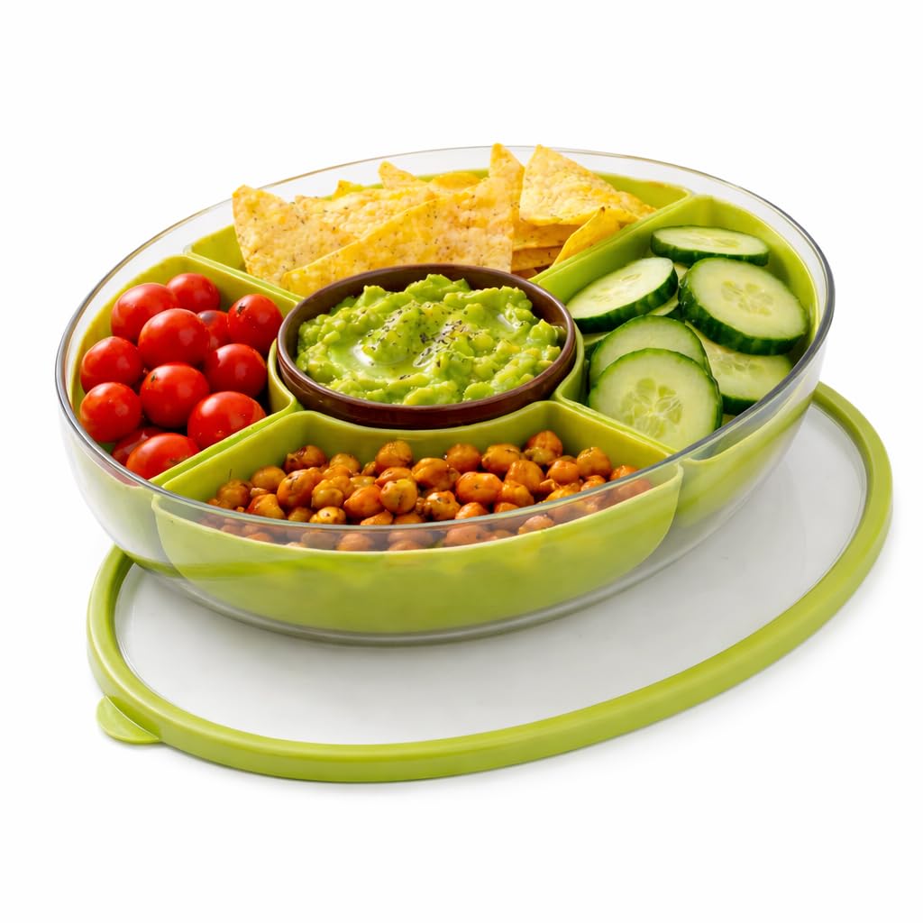 mosjos divided serving tray with lid, 5 removable compartments snack & veggie avocado shaped tray with center dip bowl, portable food storage container for fruit, charcuterie, travel, work & parties