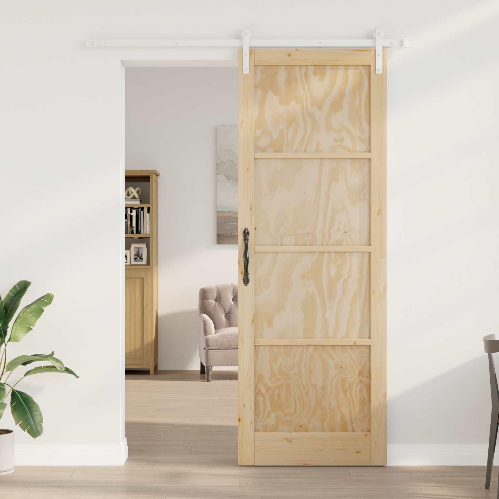 Drzwi przesuwne wykonane z litego drewna sosnowego, naturalne i białe, 83 x 232 cm, do drzwi wewnętrznych, do hali, na basement, nowy build, renowacja, cicha praca ze stalową szyną
