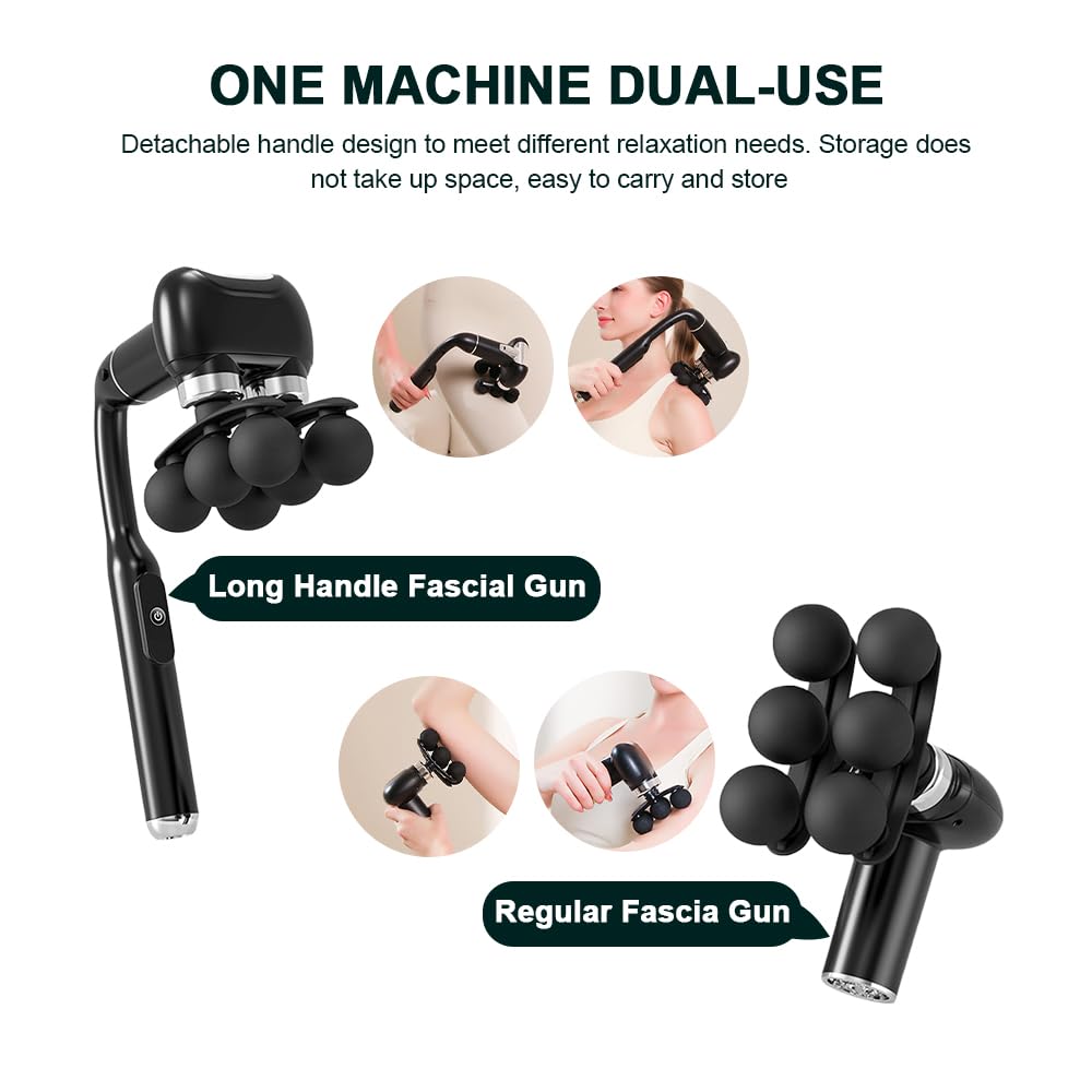 Appareil de massage à double tête, pistolet de massage à impact amovible avec poignée allongée, masseur du dos à main, masseur des tissus profonds, 5 têtes de massage interchangeables