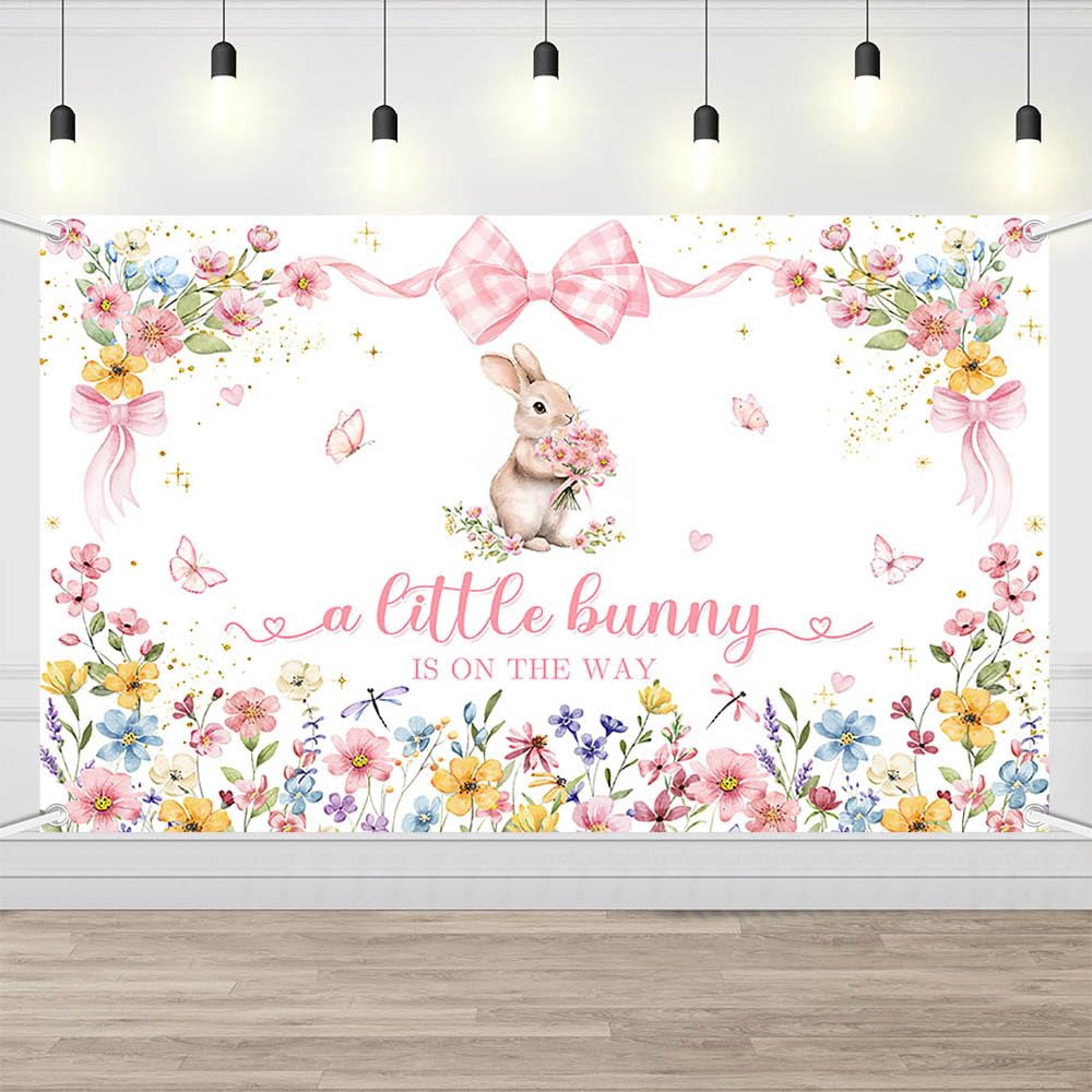 AIBIIN Wildflower Bunny Baby Shower Backdrop A Little Bunny is On The Way Banner Spring Easter Rabbit Wildflower and Butterfly Theme Decoration for Girl Baby Shower 6x3.6ft