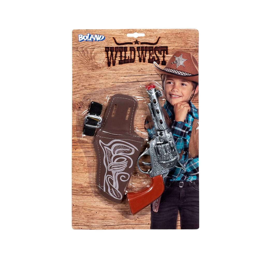 Boland 54383 Zestaw kowbojski (pistolet i pasek z uzdrą), wielokolorowy, 23 cm / 100 cm