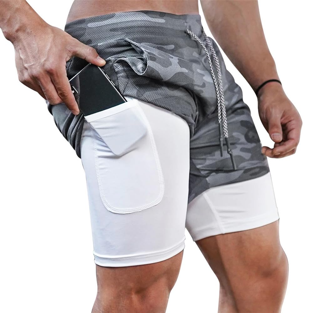 Surenow Men's 2 in 1 Running Workout Shorts Athletic Gym 7" Shorts for Men