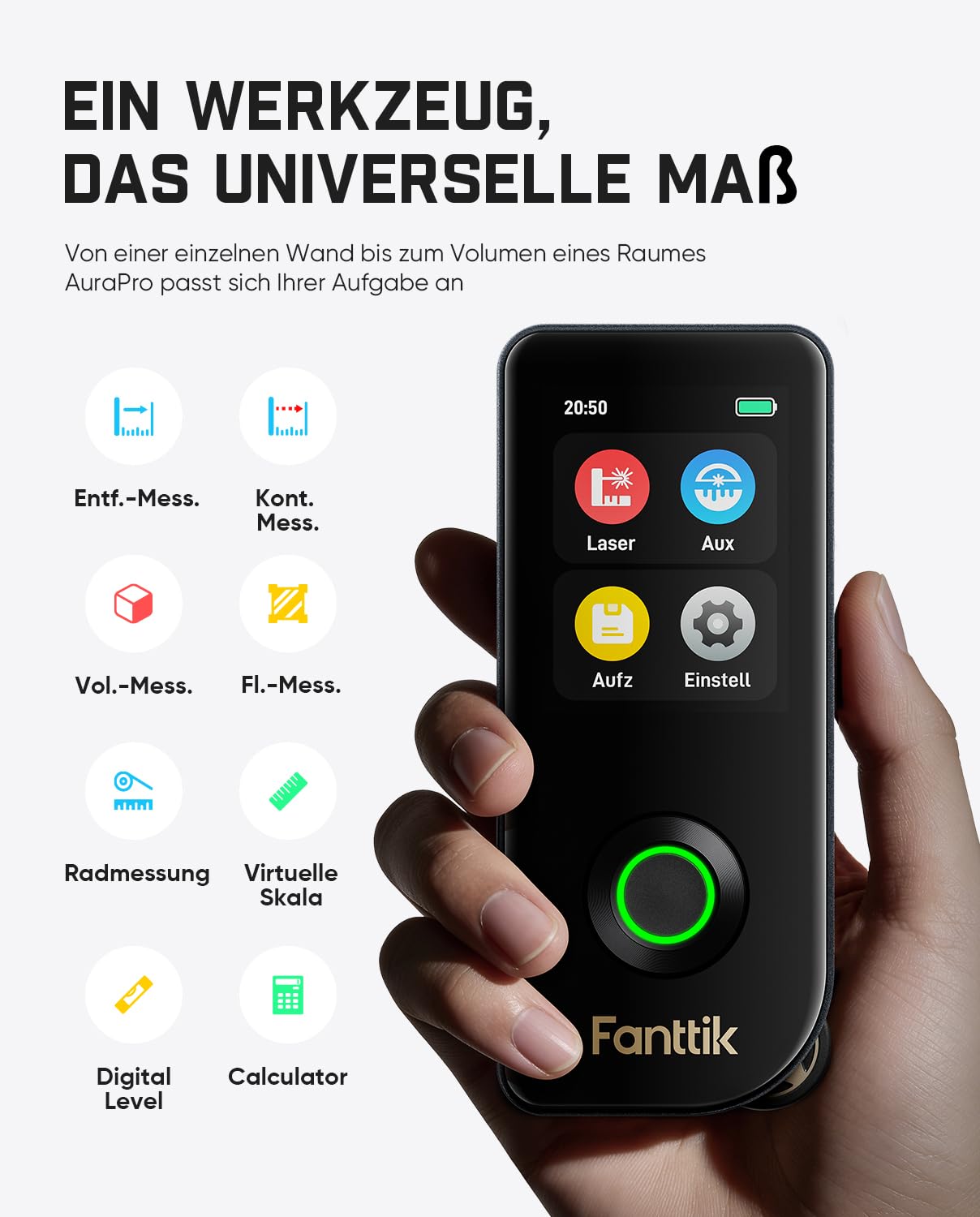Fanttik A11 Ultra 3-in-1 Laser-Entfernungsmesser mit IPS-Touchscreen und seitlichem LCD-Display, 60 m, Radrolle und 3-Achsen-Digitalwasserwaage, wiederaufladbar für Heimwerkerprojekte und Innenprojekt