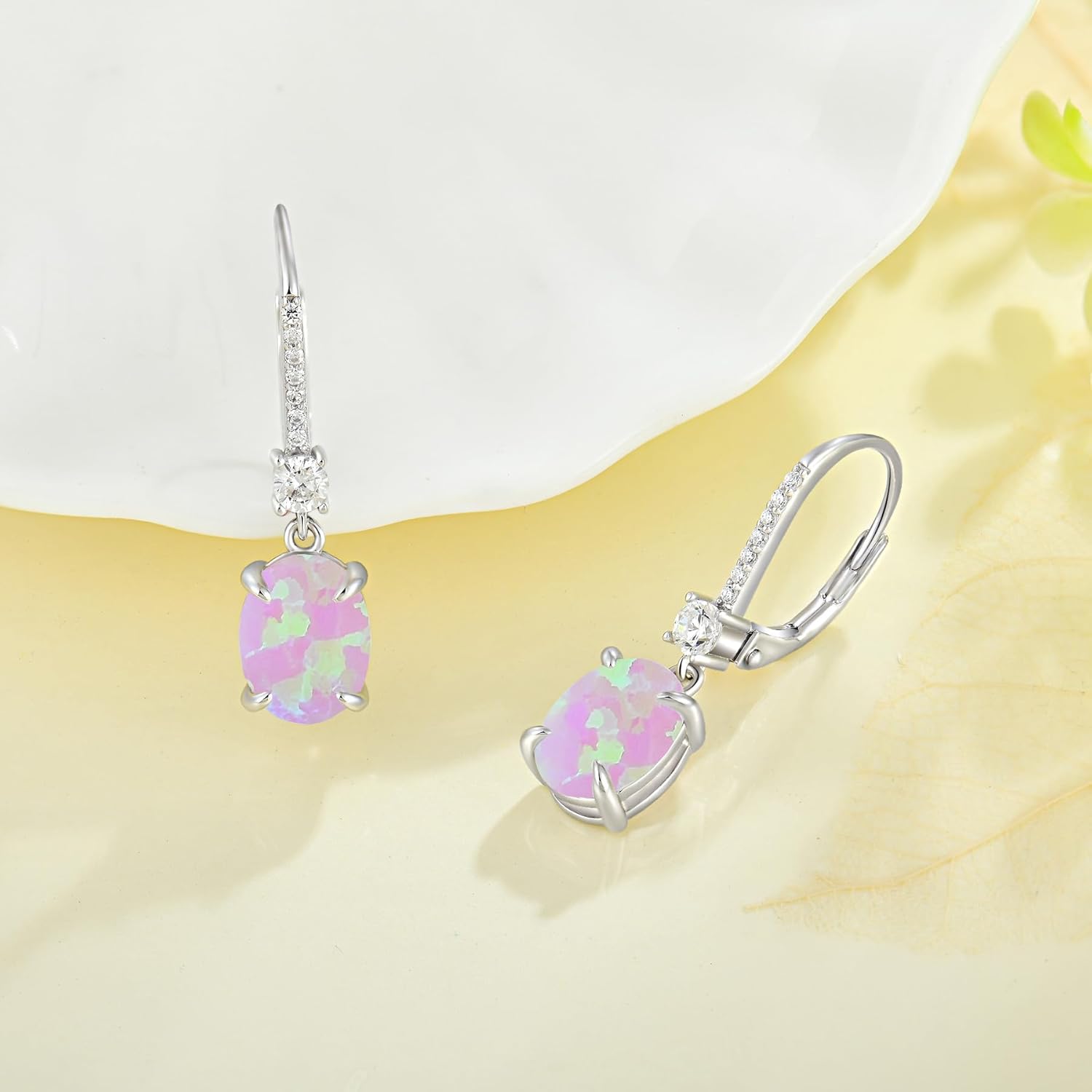 925 Sterling Silver Created Opal Lever Back Earrings Oval Cut Dangle Drop Earrings for Women Jewelry for Her Mothers Day Christmas