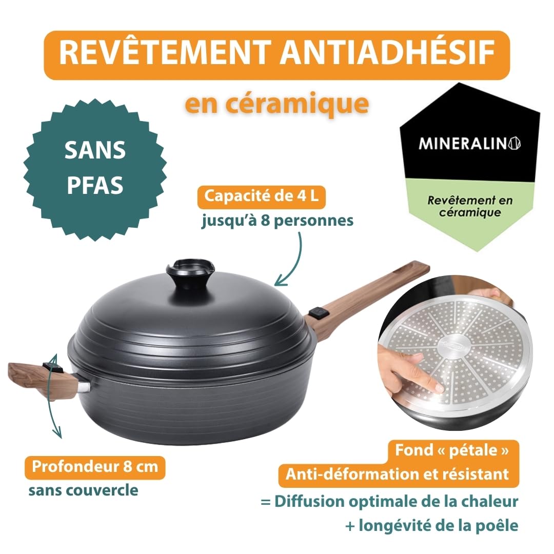 Durandal Légende Poêle multifonction en céramique INFINITY 8-en-1 | Poêle cocotte sauteuse friteuse 28cm, compatible induction