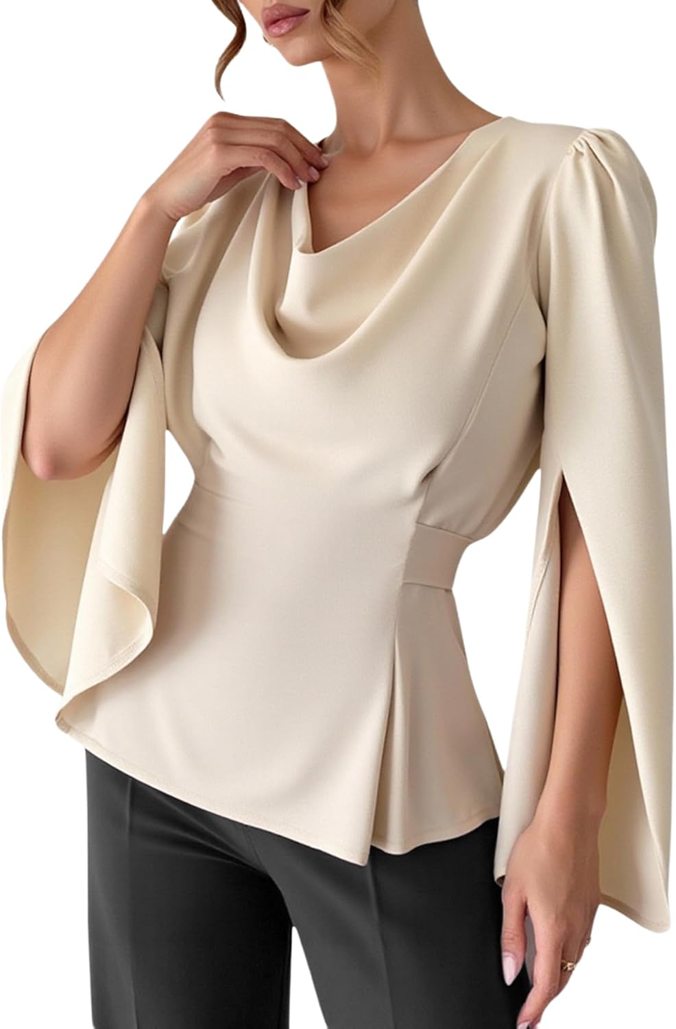 Women's Cowl Neck Satin Blouse Split Long Sleeve Peplum Tie Back Elegant Tops