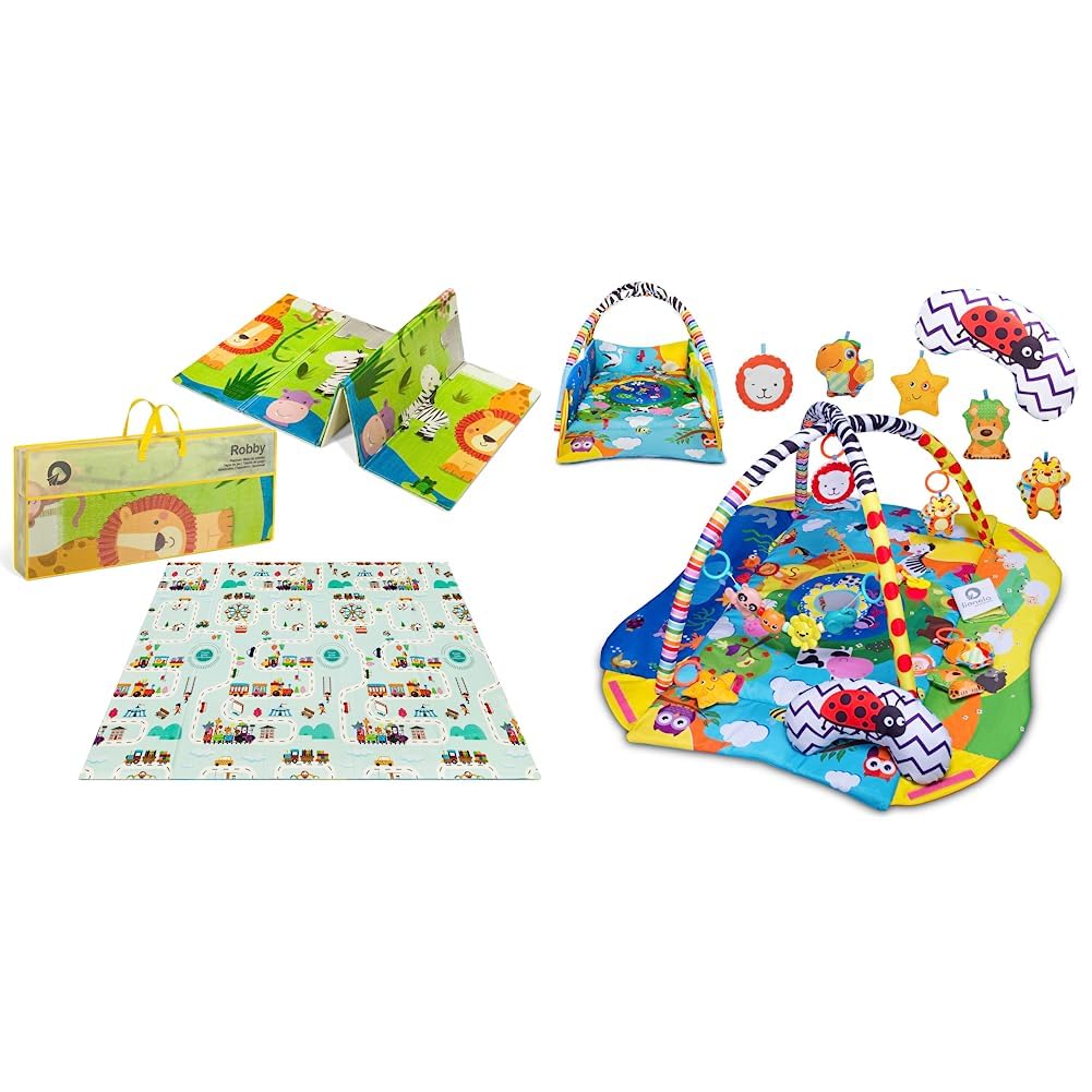 LIONELO Robby Grande reversibile tappetino gioco e educativo 200x180cm per neonati e bambini & Anika 2in1 Palestrina Tappetino da Gioco Box 114cm Cuscino sotto la Pancia Ricco