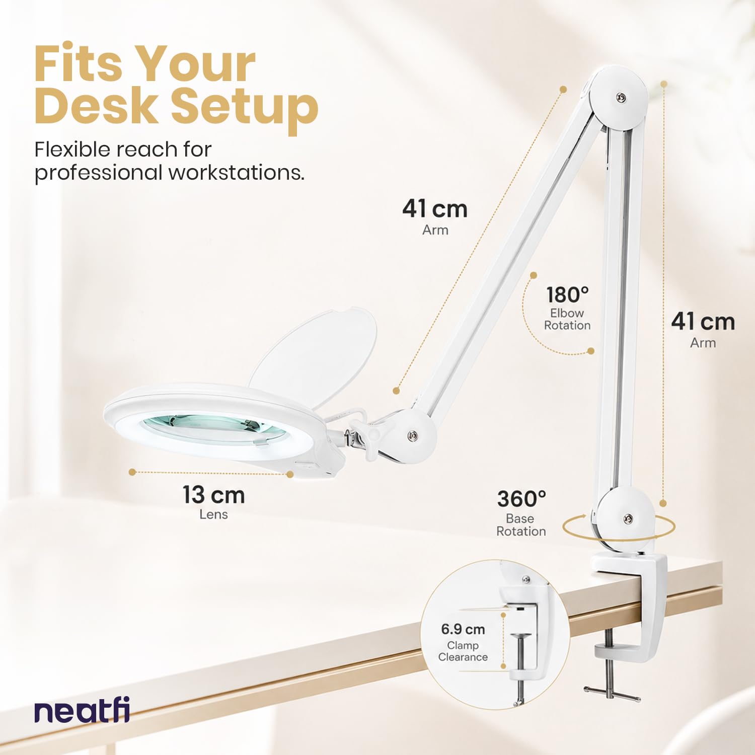 Neatfi Pro Series – Lámpara LED con Lupa Bifocal y Abrazadera, 1200 Lúmenes | Aumento 8D/20D | CRI 95 | Lente de Vidrio de 13 CM | Regulable (Blanco, 8 dioptrías + 20 dioptrías)