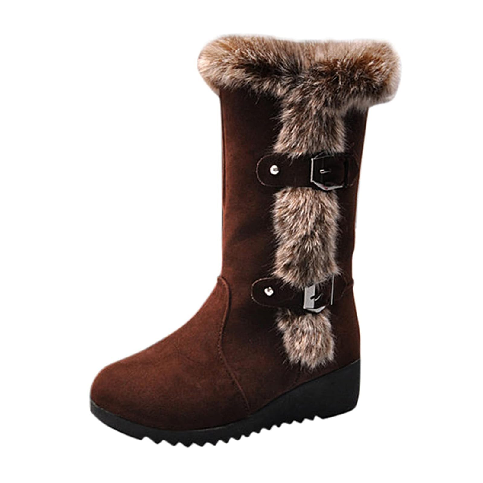 Buckle Strap Booties Plush Cuff Round Toe Winter Boots Slip on Lug Sole Low Block Heel Waterproof Comfort