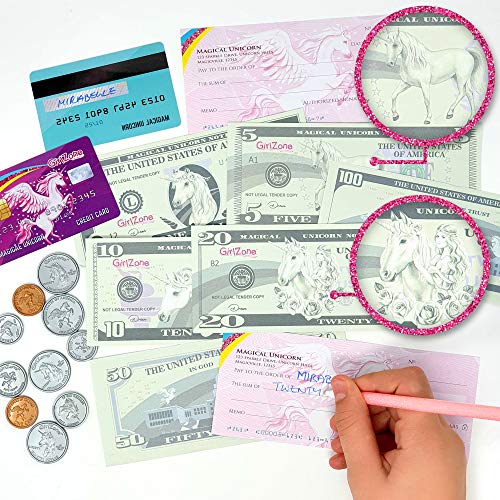 GirlZone Unicorn Money Play Set for Kids – Realistic Dollar Bills, Coins, Credit & Debit Cards & Checkbook.