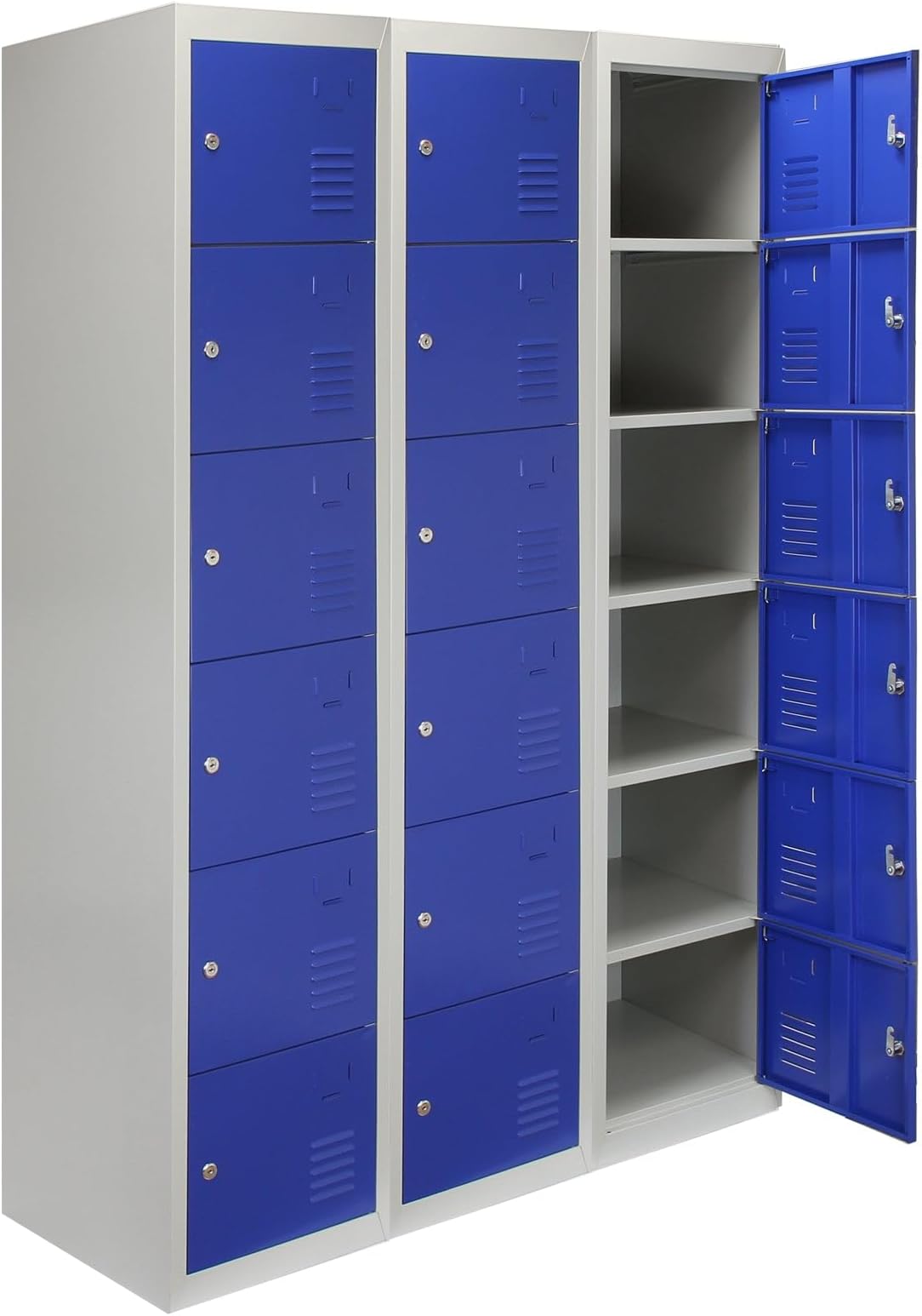 Monster Shop Metal Lockers 3 x 6 Doors Storage, Flatpack Blue & Grey Metal Lockable Unit Staff School Gym Changing