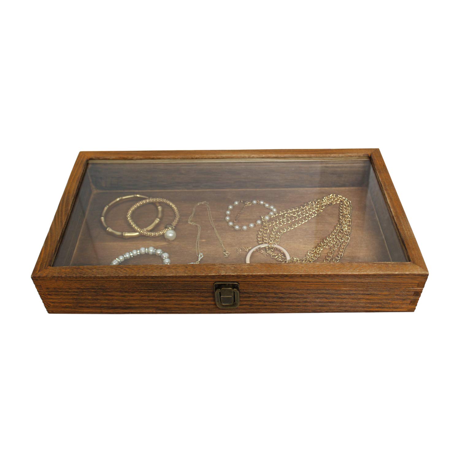 Mooca - Caja de exhibición de joyería de Madera Lavada con Tapa Superior de Vidrio Templado, 15 Pulgadas x 8.5 Pulgadas x 2 7/8 Pulgadas de Alto