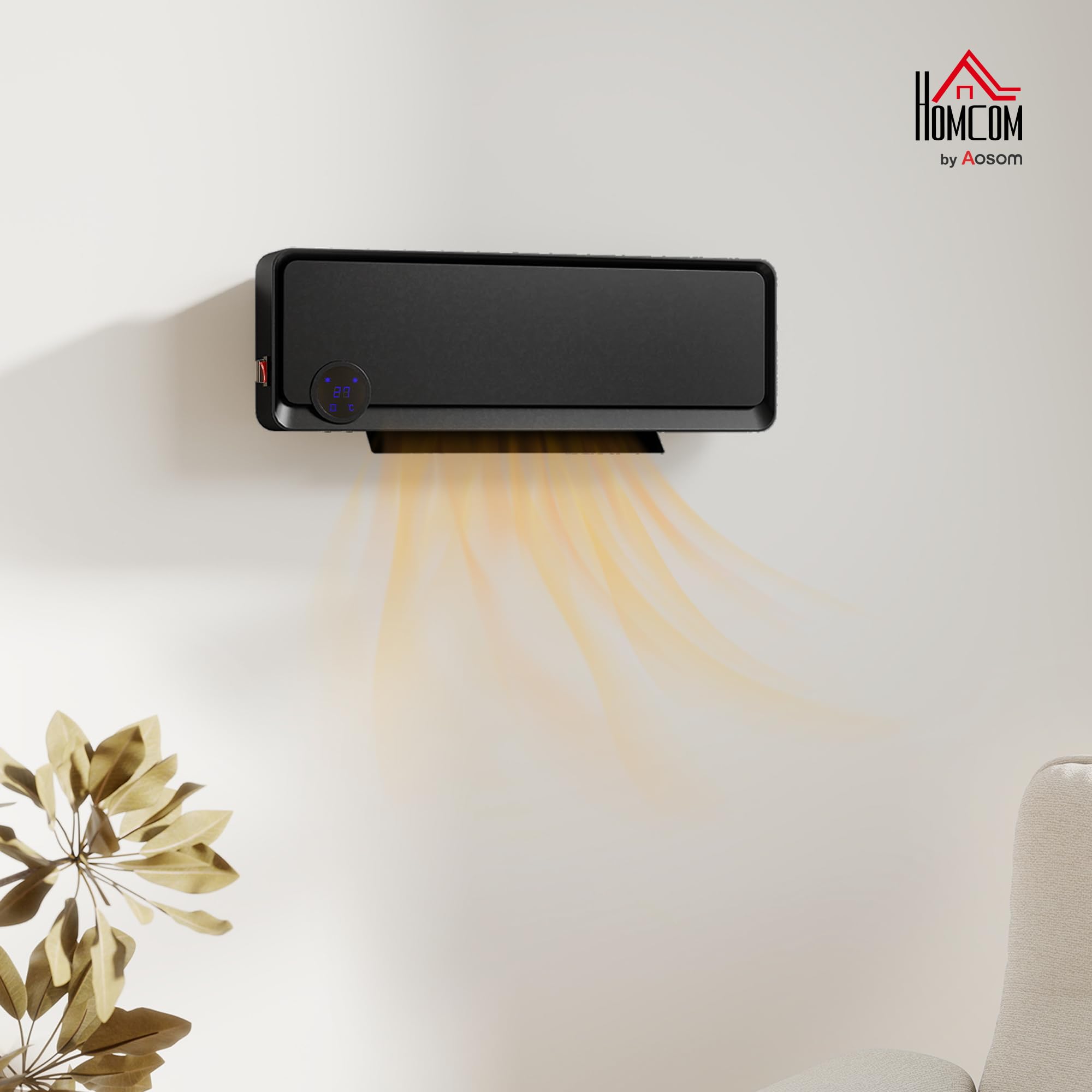 HOMCOM Stufa Elettrica da Parete PTC 56x18.5x11.7 cm Nero | Basso Consumo, 3 Modalità, Timer 12h, Oscillazione 30°, Termosifone Elettrico in PP e PA, con Telecomando
