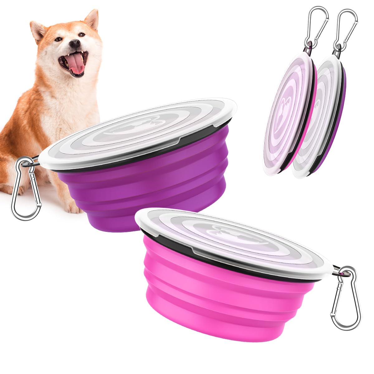 Pawaboo Collapsible Dog Bowls 2 Pack, Silicone Feeding Watering Bowls with Lids & Carabiners for Dogs Cats, Portable Water Feeder Food Bowl for Walking Traveling Home Use, Pink + Purple โ image 1