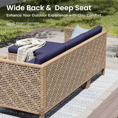 Image of PHI VILLA Wicker Patio Furniture Set, Rattan Patio Sectional Sofa Outdoor Couch Set with Acacia Wood Coffee Table, 7 Pieces U-Shaped Patio Conversation Set for Backyard Porch, Navy Blue Cushion