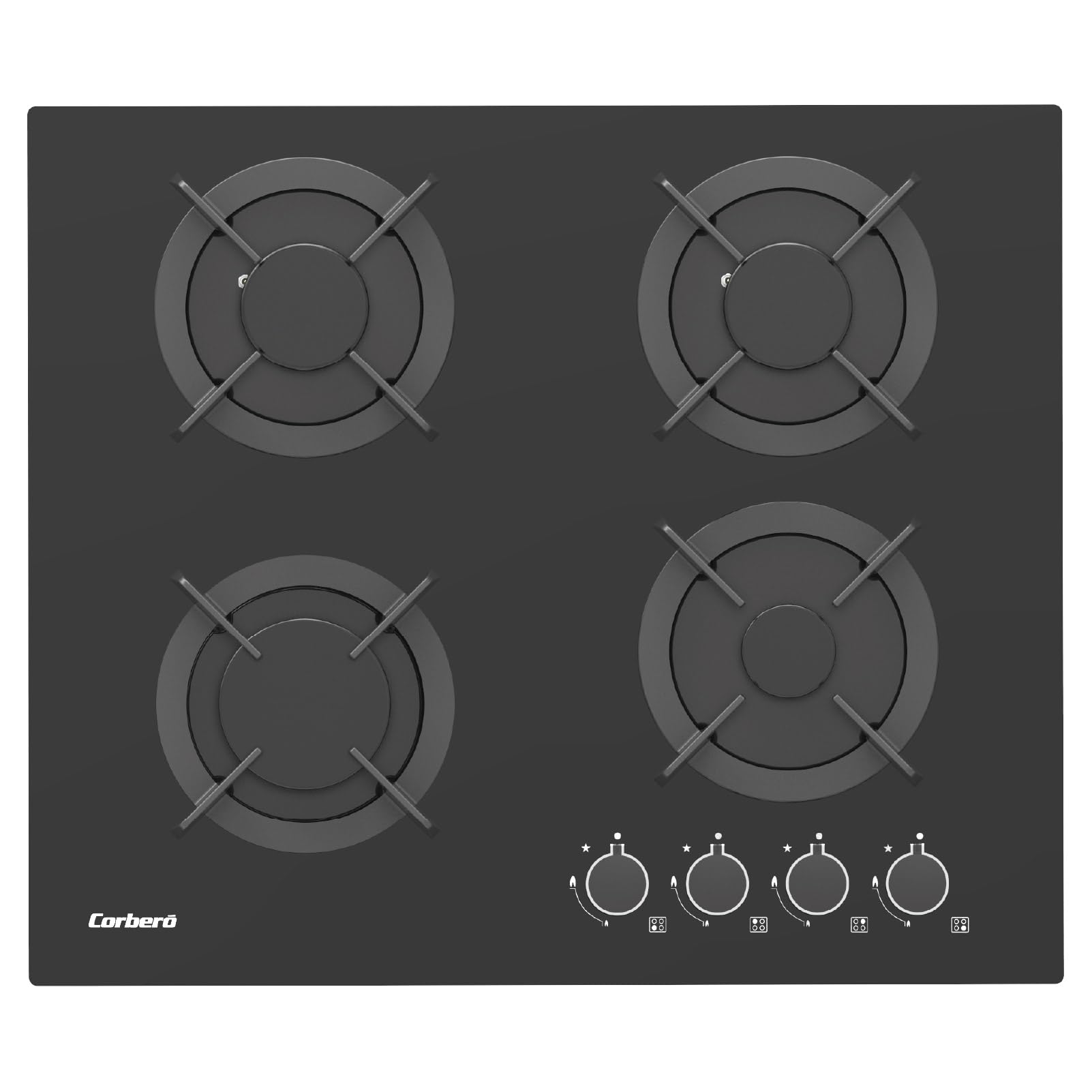 Corberó - Piastra a gas in vetro, 60 cm, CPG406N, 7,2 kW, 4 zone, comandi laterali, griglia in ghisa, senza cornice, kit di conversione, valvola di sicurezza e spegnimento automatico, nero