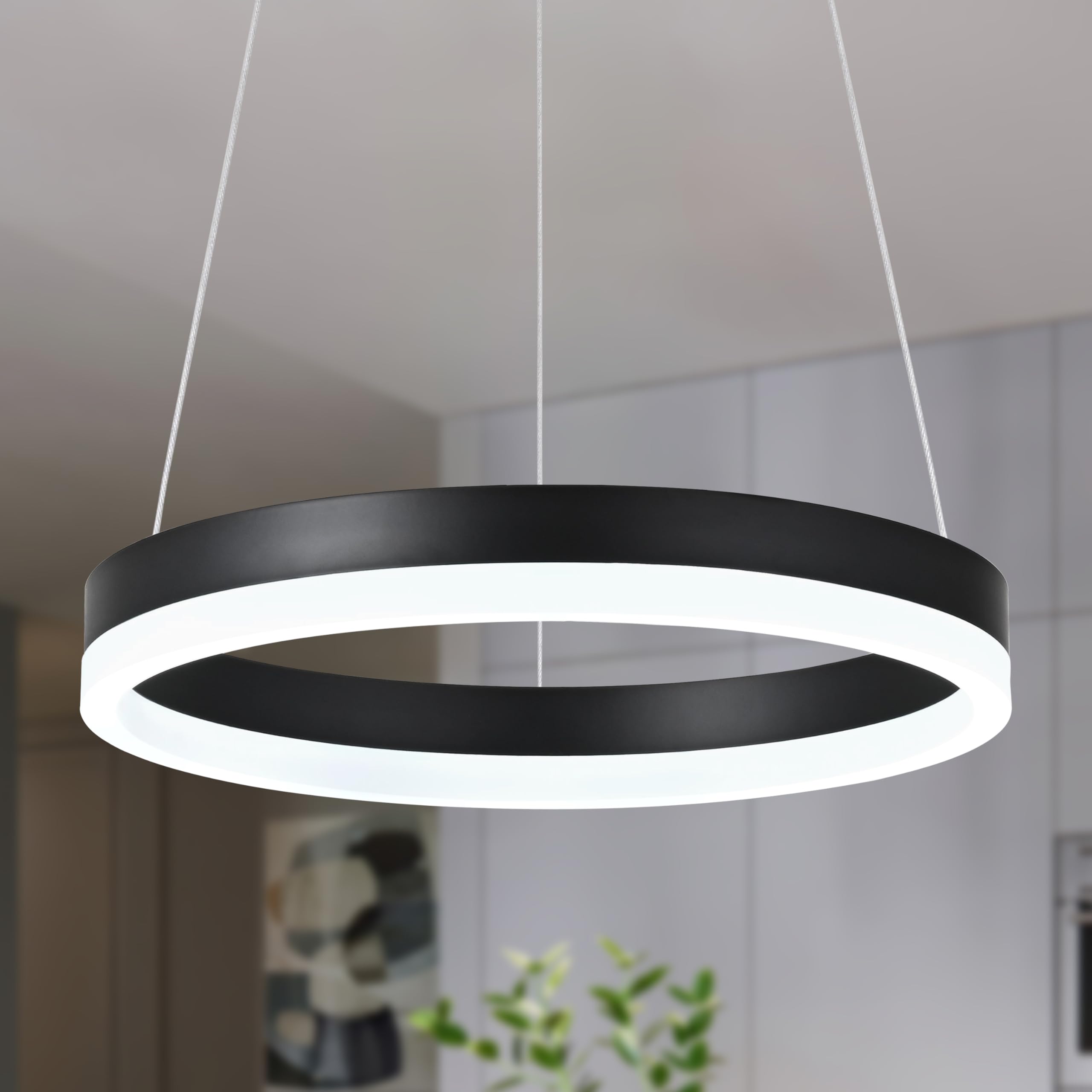 Photo 1 of Mccokaige 12" Black Led Ring Chandelier Ring Modern Led Chandelier Modern Pendant Lights Adjustable Height Light Contemporary Light Fixture for Kitchen Island Bedroom Dining Room Living Room