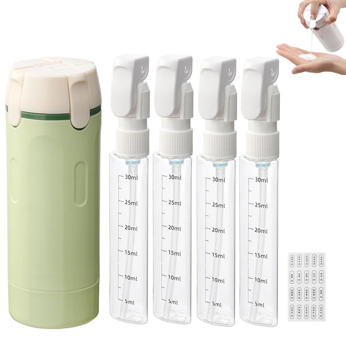 トラベルボトル 4in1 化粧品用詰め替えボトル 30ml×4本 プッシュぼとる 化粧水 乳液 コンパクト 持ち運び 詰め替え容器 漏れ防止 機内持ち込み可 携帯用 軽量 (グリーン)