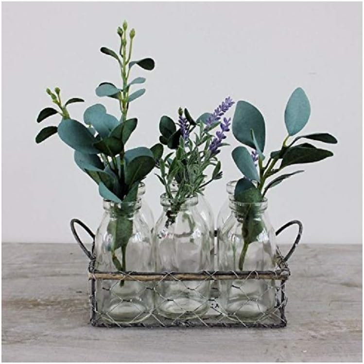 Biggie Best Wire Basket Crate Box with 6 Glass Bottles Shabby Vintage Style Wedding Table Centrepiece Flower Vase
