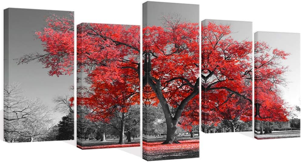 Visual Art Decor Large Canvas Wall Art Black and White Red Tree Photograph Picture Framed and Stretched Prints Modern Living Room Office Wall Decoration (02 Red)