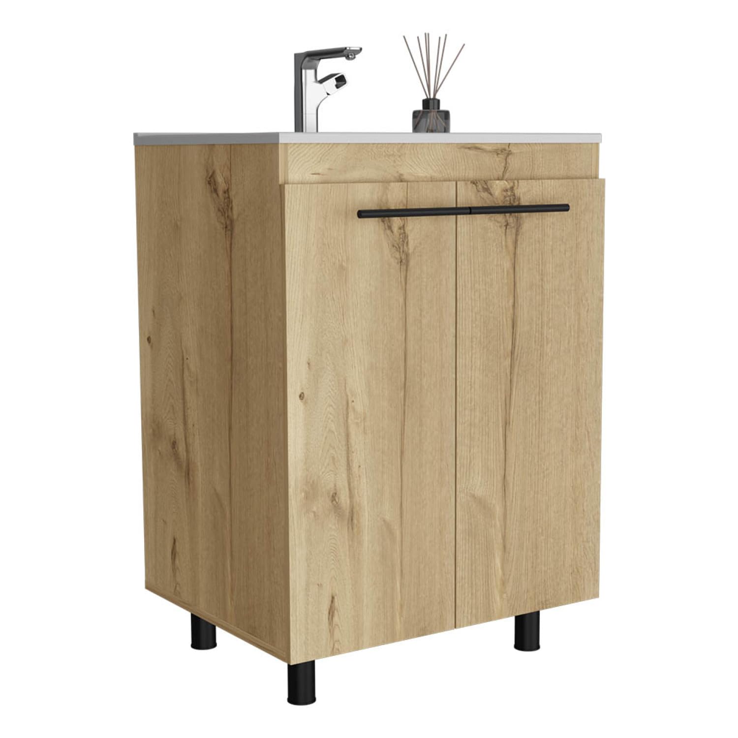 Free Standing Sink Cabinet, Light Oak Finish, Double Door Design, Two Shelves, Four Legs