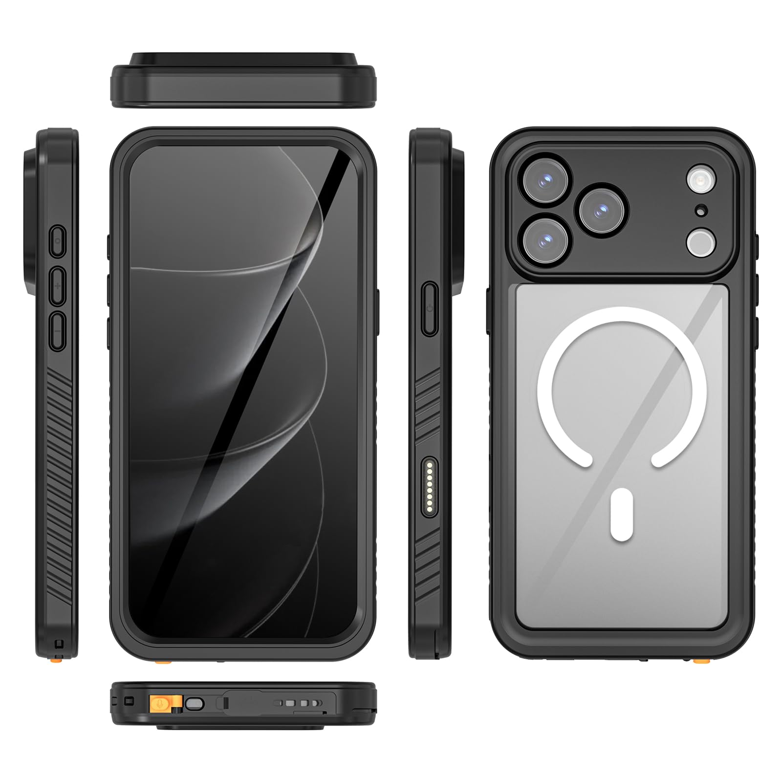 Funda impermeable para iPhone 17, compatible con MagSafe IP68, totalmente sellada bajo el agua, cuerpo completo, resistente, a prueba de golpes, funda protectora transparente, color negro