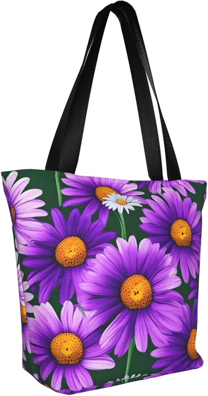 Purple Daisy Print Comfortable Summer Shoulder Bag Canvas Tote Travel Beach Hiking Shopping Weekend