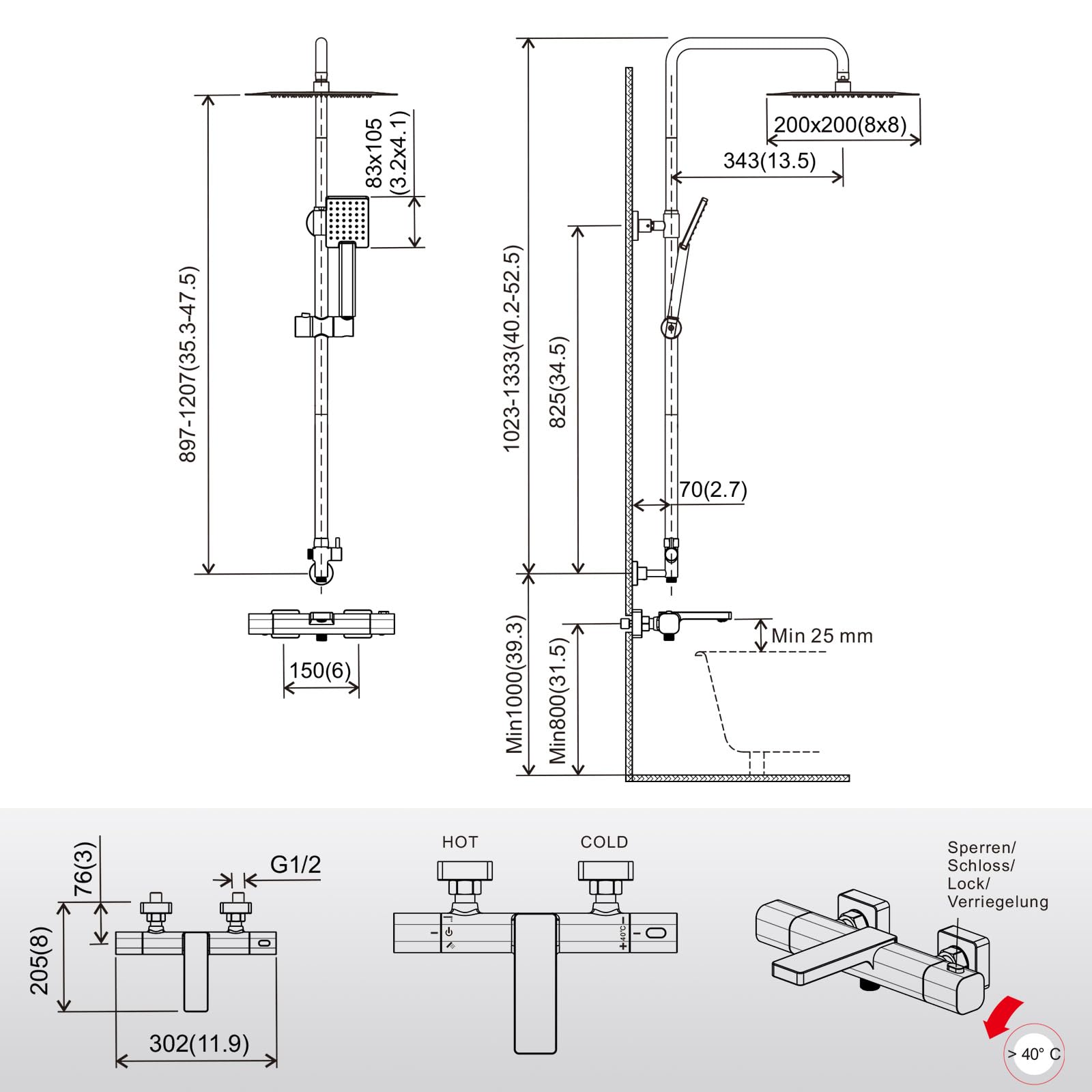 Armatura prysznicowa kompletny zestaw: armatura prysznicowa z termostatem – 20 cm deszczownica kwadratowa armatura prysznicowa, zestaw prysznicowy ABS, system prysznicowy z głowicą prysznicową,