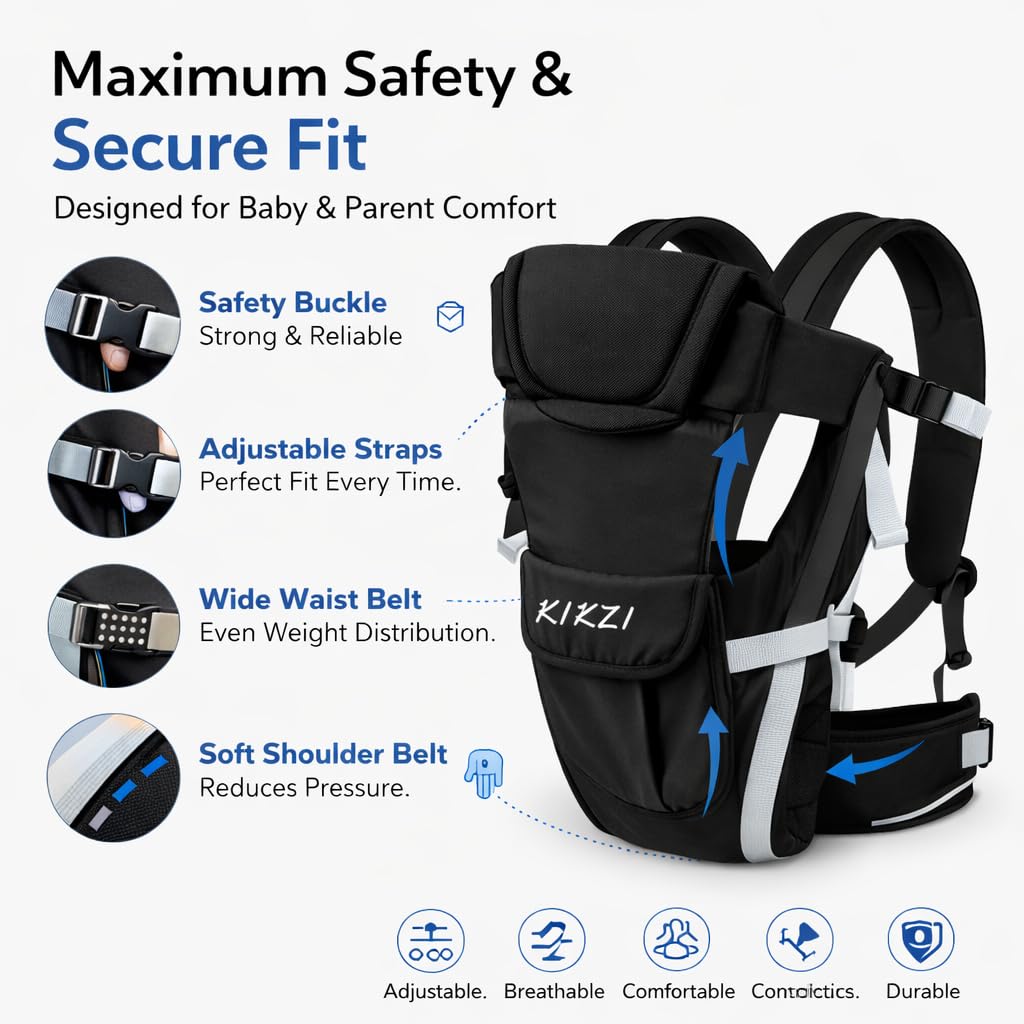 Kikzi Ergonomic Strong Breathable Adjustable Infant Baby Carrier Backpack (Black) — view 5