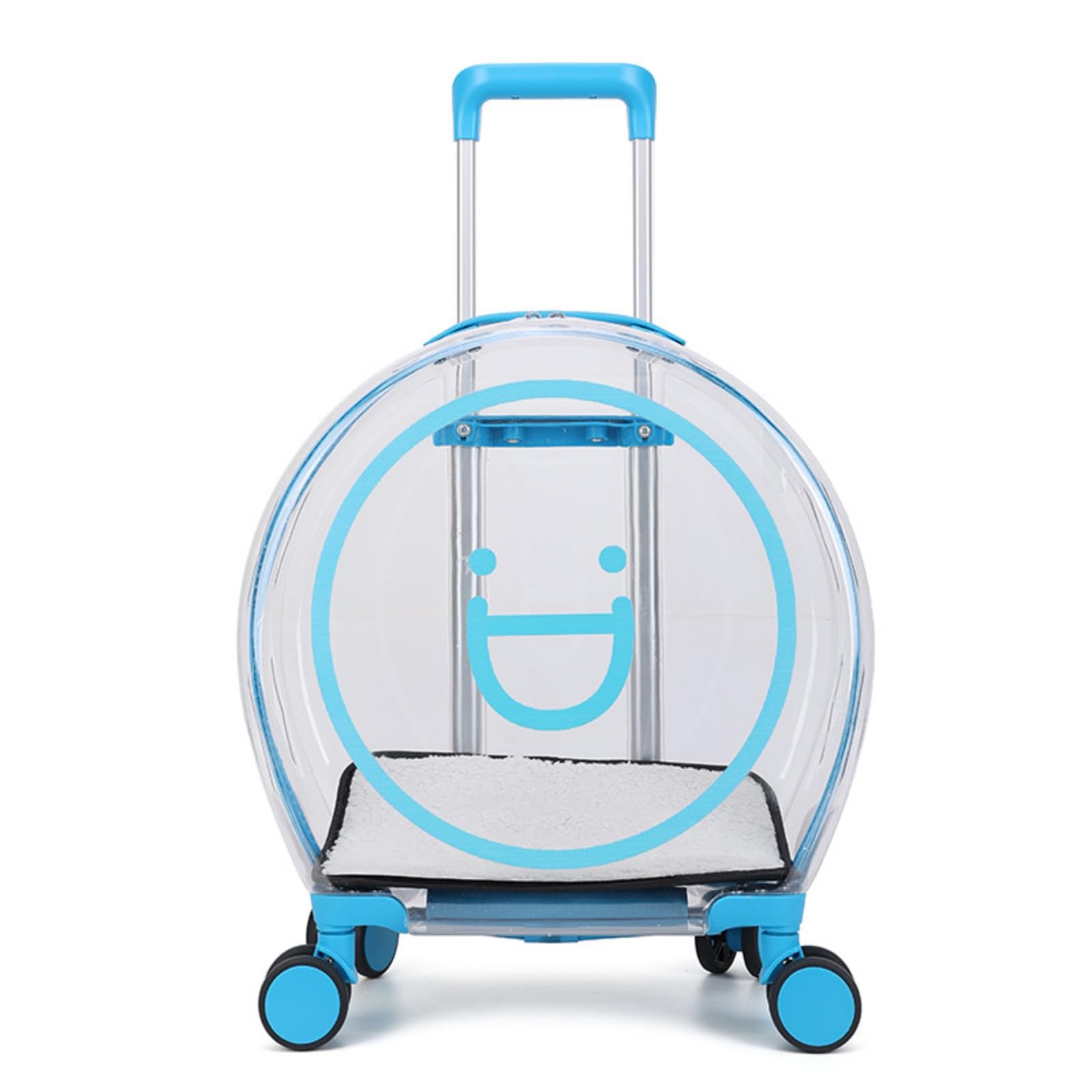 Transportín para Mascotas Transparente con Ruedas Maleta Portátil Contenedor de Viaje Mochila Rígida Estructura Clara Que Reduce el Estrés con, Azul con Cara Sonriente